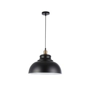Czarna lampa wisząca t.b.t. w stylu industrialnym do użytku wewnętrznego.