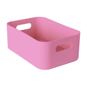 Różowy pojemnik do przechowywania z uchwytami na akcesoria łazienkowe.