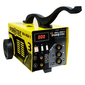 Żółta spawarka t.b.t. z wyświetlaczem cyfrowym i uchwytem do przenoszenia. Kategoria: Spawarki.