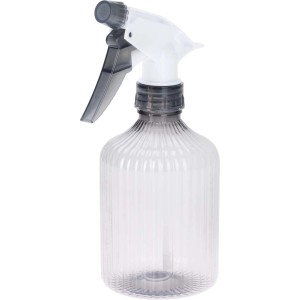 Przezroczysty spryskiwacz do kwiatów z szarą główką.