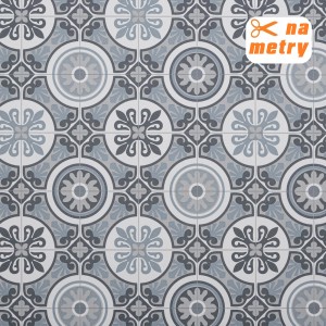 Dekoracyjna wykładzina PCV z niebiesko-szarym wzorem płytek.