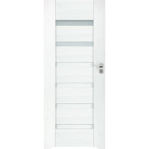 Białe drzwi wewnętrzne t.b.t. z pięcioma poziomymi wstawkami szklanymi i srebrną klamką.