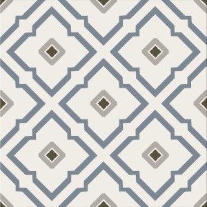 Dekoracyjna płytka podłogowa z niebieskim wzorem rombów i brązowymi akcentami.