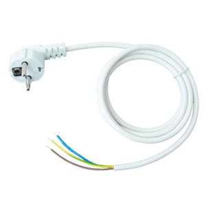 Biały kabel zasilający z wtyczką i odizolowanymi końcami.