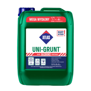 Zielony kanister gruntu głęboko penetrującego Atlas Uni-Grunt. Idealny do przygotowania podłoża.