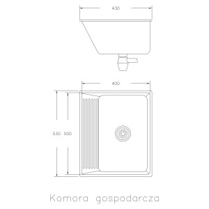 Rysunek techniczny: Zlewozmywak ze stali nierdzewnej t.b.t. z wymiarami.