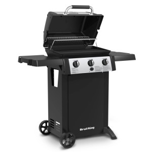 Czarny grill gazowy z otwartą pokrywą i trzema pokrętłami regulacyjnymi.