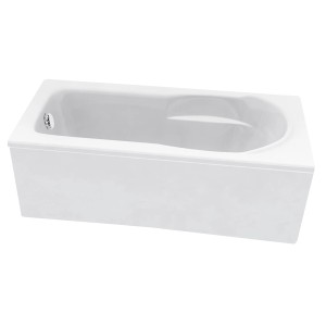 Prostokątna wanna, model t.b.t., wykonana z białego akrylu sanitarnego.