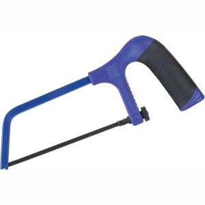 Piła uniwersalna LUX 150 mm ze stalową ramą i niebieskim plastikowym uchwytem do metali miękkich i tworzyw sztucznych.