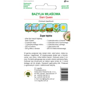 Opakowanie nasion Bazylia Siam Queen: Instrukcja uprawy i przepis na zupę tajską.