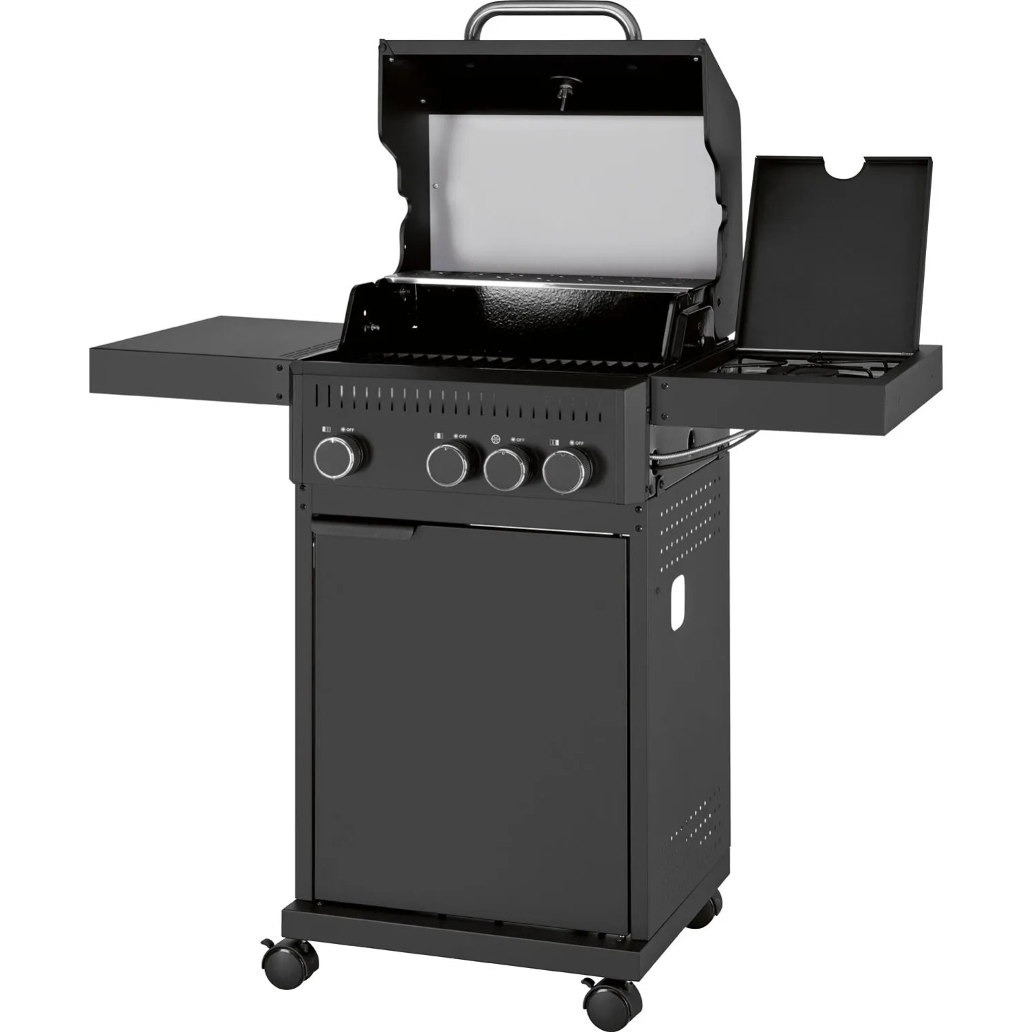 Czarny grill gazowy t.b.t. z półkami bocznymi i kółkami.