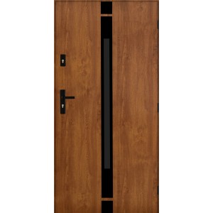 Brązowe drzwi zewnętrzne z czarną wstawką szklaną i klamką.