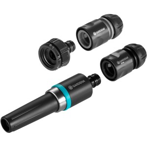 Gardena EcoLine zestaw podstawowy: pistolet czyszczący, złącze kranowe, adapter i złącze węża.