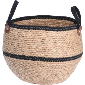 Doniczka na zioła t.b.t. z włókna naturalnego z czarnymi akcentami i uchwytami.