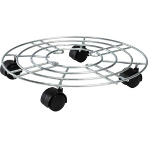 Okrągła metalowa podstawka na kółkach pod rośliny, Ø 35 cm, z czarnymi kółkami ułatwiającymi przesuwanie.