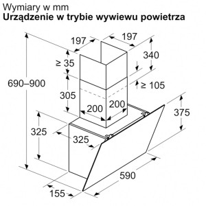 Schemat okapu ściennego t.b.t. z wymiarami.