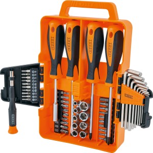 OBI Basic Zestaw wkrętaków i bitów, 52 elementy w pomarańczowej plastikowej walizce.