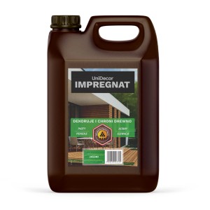 Brązowy kanister impregnatu do drewna do użytku zewnętrznego.