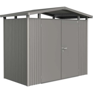 Biohort Panorama metalowy domek ogrodowy, kwarcowy szary, 3,5 m², z podwójnymi drzwiami. Idealny do przechowywania w ogrodzie.