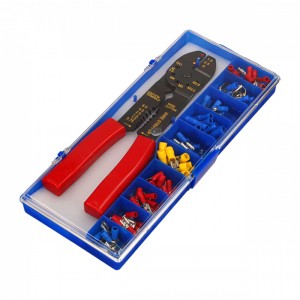 Zestaw tulejek kablowych i zaciskarka w niebieskim pudełku.