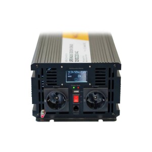 Czarny falownik t.b.t. do fotowoltaiki z wyświetlaczem i gniazdami.