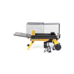 Elektryczna łuparka do drewna z klatką ochronną dla bezpiecznego łupania drewna.