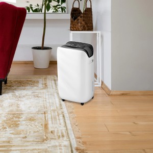 Biały osuszacz powietrza w salonie. Pomaga w walce z wilgocią.