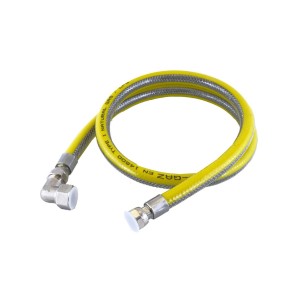 Żółty wąż elastyczny do gazu z metalowym oplotem i złączkami.