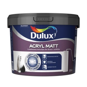 Wiadro białej, matowej farby do ścian Dulux Acryl Matt, 10 litrów.