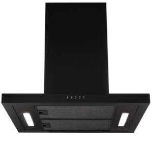 Czarny okap wyspowy t.b.t. z oświetleniem i przyciskami sterującymi.