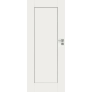 Białe drzwi wewnętrzne o prostym designie z srebrną klamką.