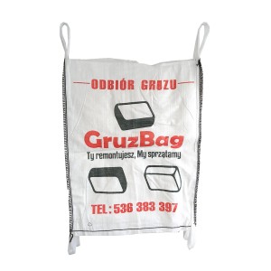 Biały worek Big Bag na gruz budowlany z czerwonym napisem i uchwytami.