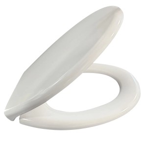 Biała deska sedesowa t.b.t. z kategorii Deski sedesowe, lekko otwarta.