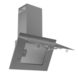 Szary okap ścienny t.b.t. z otwartą klapką filtra.