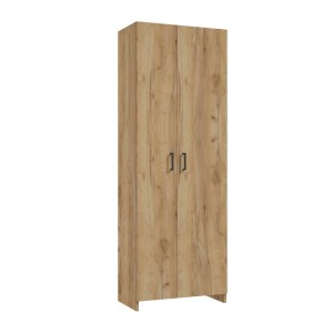 t.b.t. szafka łazienkowa wysoka w kolorze drewna z dwoma drzwiami i czarnymi uchwytami.