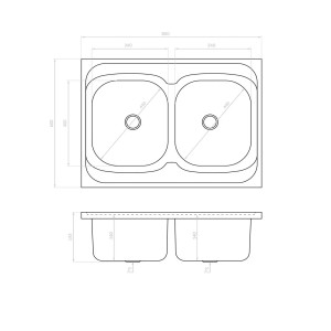 Rysunek techniczny: zlewozmywak t.b.t. ze stali nierdzewnej z dwoma komorami i wymiarami.
