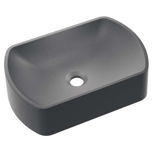 Szara umywalka nablatowa t.b.t. ceramiczna, prostokątna z zaokrąglonymi rogami.