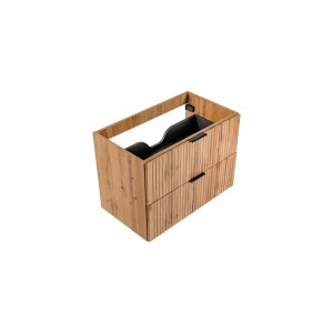 Szafka pod umywalkę t.b.t. w kolorze drewna z dwiema szufladami i czarnymi uchwytami.