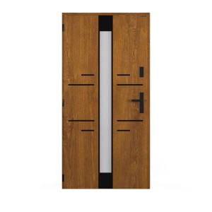 Nowoczesne drzwi zewnętrzne w kolorze drewna z szybą i czarnymi akcentami.