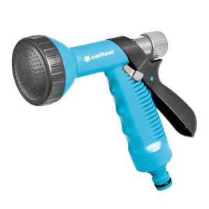 Opryskiwacz ogrodowy Cellfast, niebiesko-czarny, z różnymi wzorami natrysku.