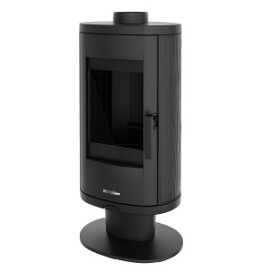 Czarny kominek o okrągłym kształcie z szklanymi drzwiami dla przytulnego ciepła.