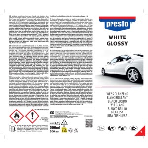 Presto Biały lakier w sprayu, połysk, puszka 500 ml do użytku wewnątrz i na zewnątrz.