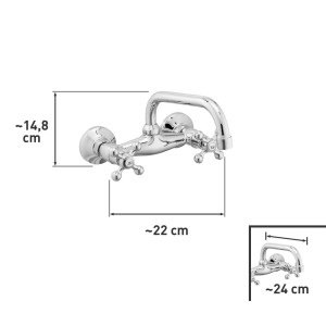 t.b.t. Bateria dwuuchwytowa chromowana, wymiary widoczne.