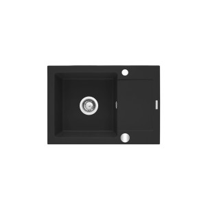 Czarny zlewozmywak granitowy t.b.t. z ociekaczem i komorą.