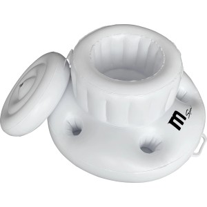 Biały, nadmuchiwany uchwyt na napoje do basenu lub jacuzzi z uchwytami na kubki i tacką.