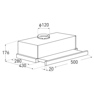 Rysunek techniczny okapu płaskiego t.b.t. z wymiarami.