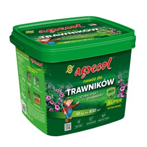 Zielone wiadro nawozu do trawników Agrecol dla gęstych, zielonych trawników. 10 kg.