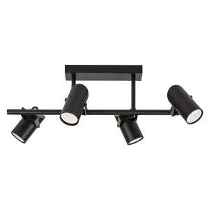 Czarna lampa sufitowa t.b.t. z czterema reflektorami do elastycznego oświetlenia.