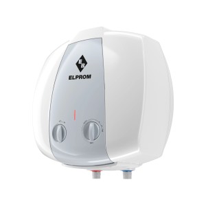Biały bojler Elprom z dwoma pokrętłami do regulacji temperatury.