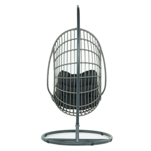 Szary wiszący fotel z poduszką, idealny do relaksu w ogrodzie lub na tarasie.